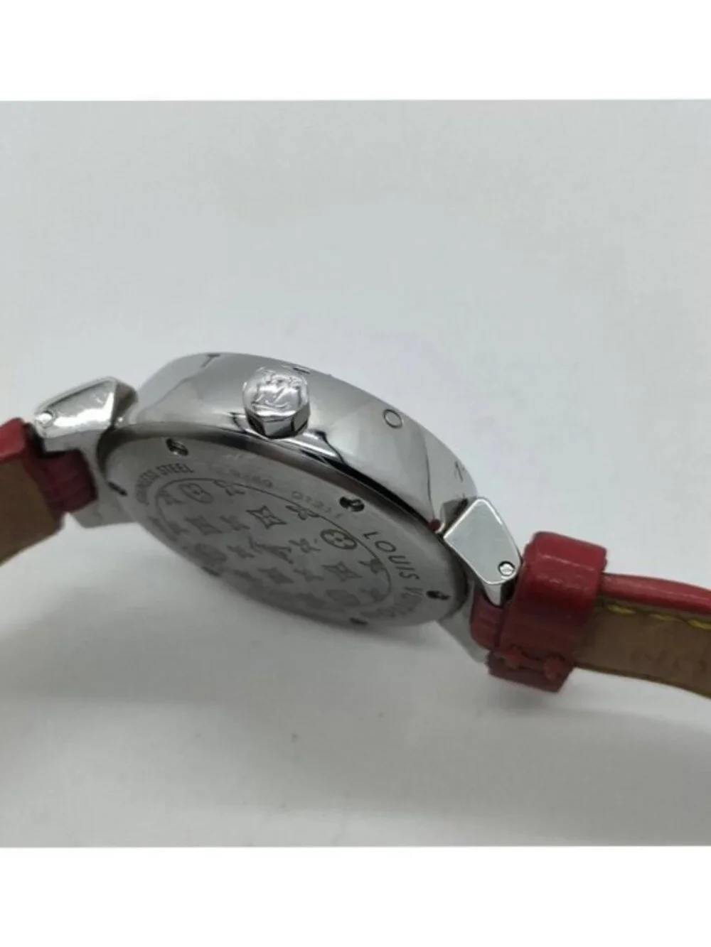 Authentic Louis Vuitton Tambour Black Dial Red Leather Strap Swiss Quartz